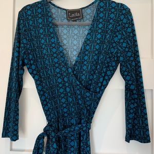 Leota blue/black mock wrap dress, Medium